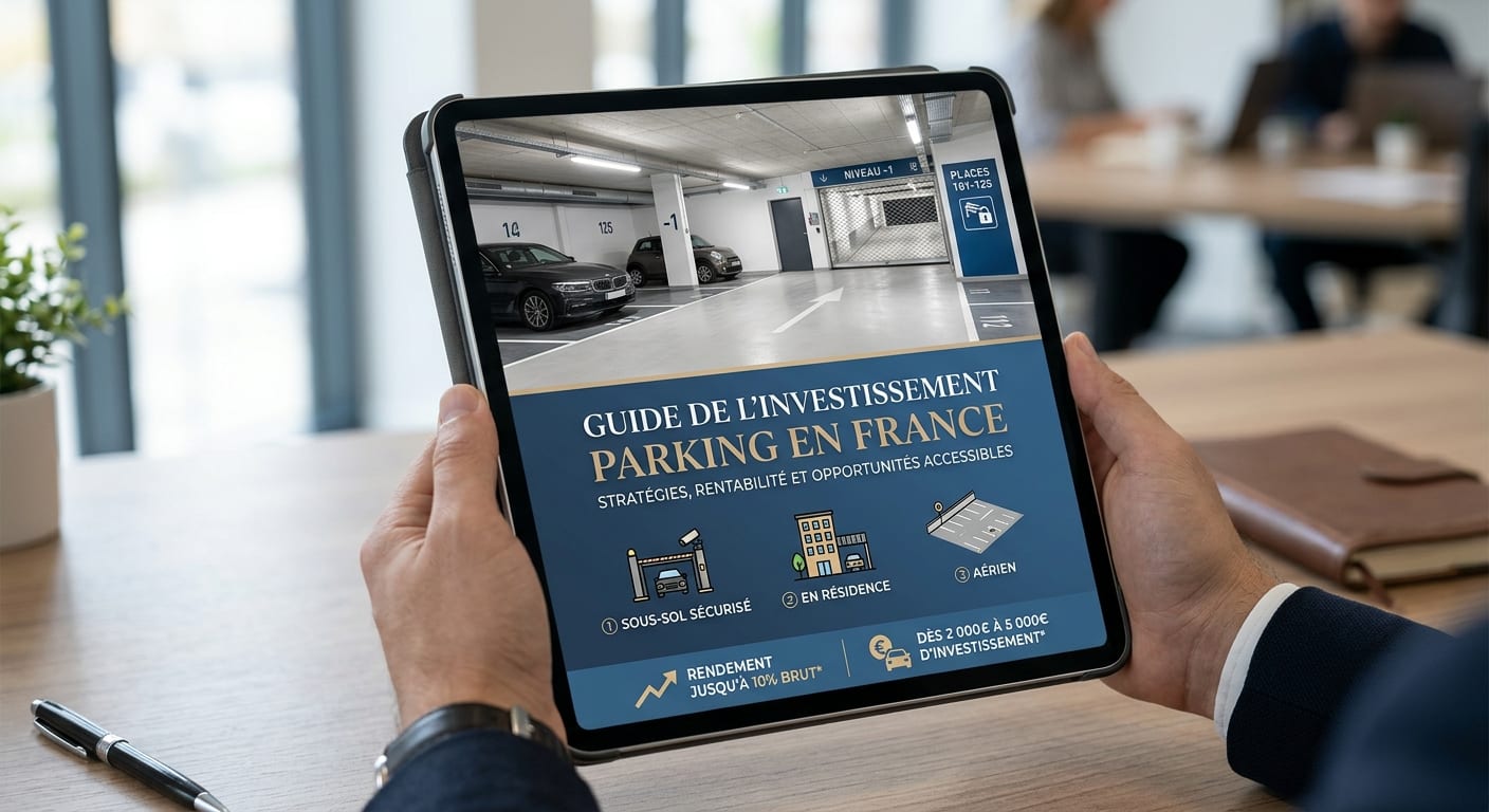 Aperçu professionnel de la couverture du guide d'investissement parking sur tablette numérique